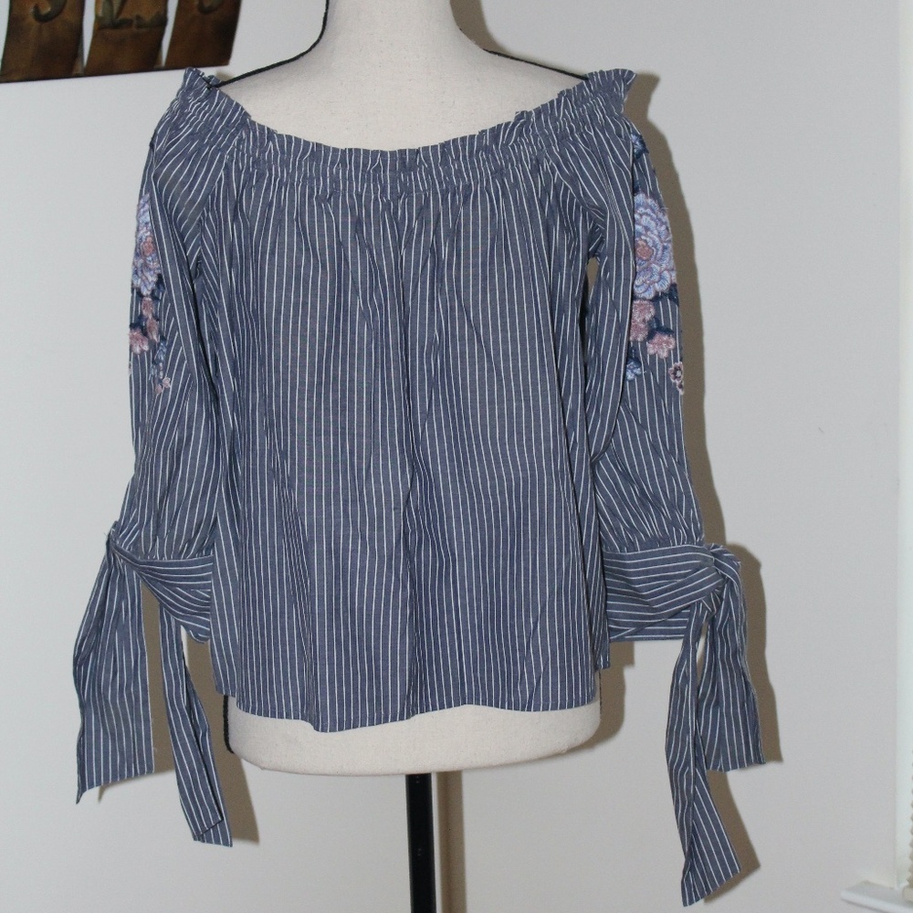 AEO flower embroidered stripe off the shoulder top...... - Picture 4 of 9